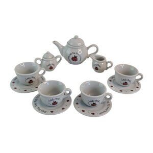 Schylling Childs Miniature Tea Set Ladybug Fly Away Home Collectible White Red